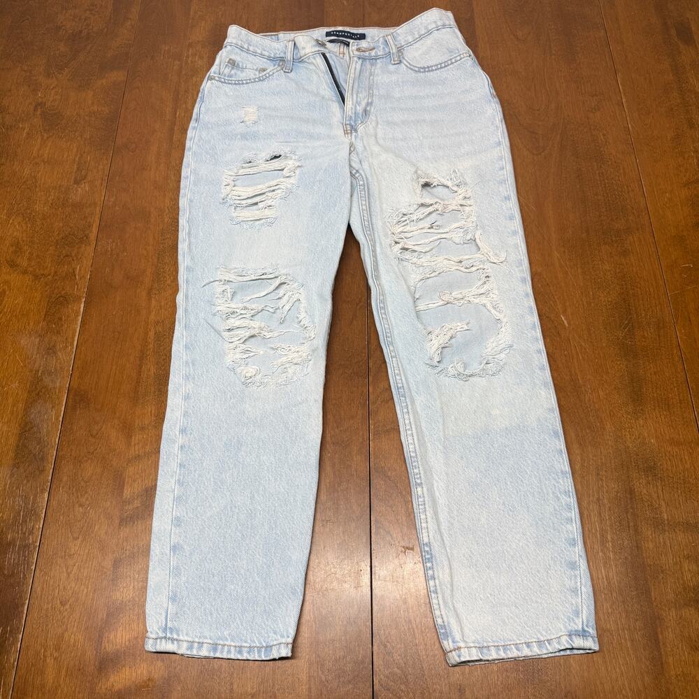 Aeropostale Mom Jeans Women's 4 Light Wash Distressed Ripped High Rise Denim